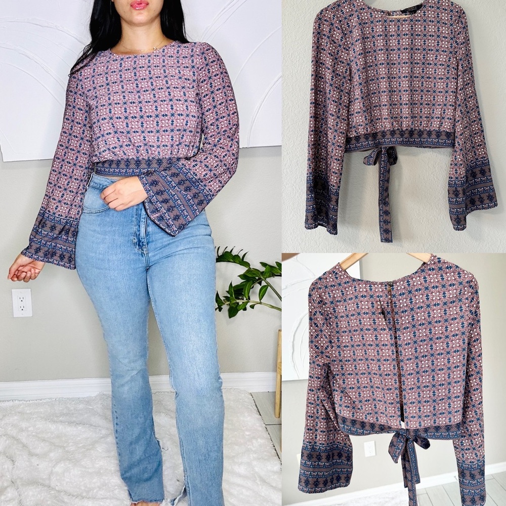 Moroccan Print Bell Sleeve Tie Back Blouse